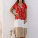 Thalia | Vestido Midi de Decote em V e Manga Curta em Bloques de Cor