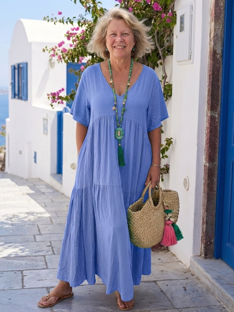 Zínnia | Vestido Maxi Azul de Manga Curta com Volantes