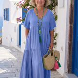 Zínnia | Vestido Maxi Azul de Manga Curta com Volantes
