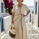 Linnea | Vestido Midi de Manga Curta com Decote em V e Cintura Fruncida