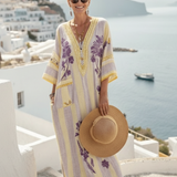 Aurelia | Vestido Maxi Floral às Riscas com Decote em V e Manga Curta