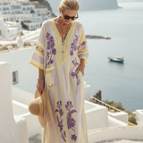 Aurelia | Vestido Maxi Floral às Riscas com Decote em V e Manga Curta