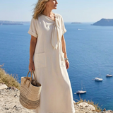Elowyn | Vestido Maxi de Decote Redondo e Manga Curta com Bolso