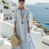 Ione | Vestido Maxi às Riscas de Decote Redondo e Manga Curta