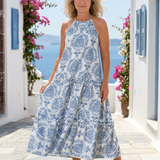 Isadora | Vestido midi sem mangas com gola alta e volantes