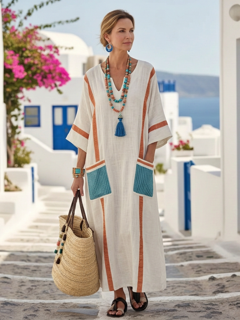 Noemi | Vestido Maxi com Decote em V e Manga Curta com Bolso
