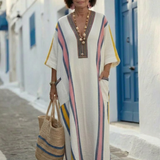Noemi | Vestido Maxi com Decote em V e Manga Curta com Bolso