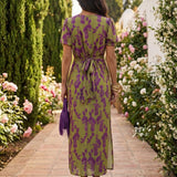 Violeta | Vestido Maxi Botânico com Decote Cruzado