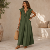 Viera – Vestido Maxi Fluido com Decote de Folhos