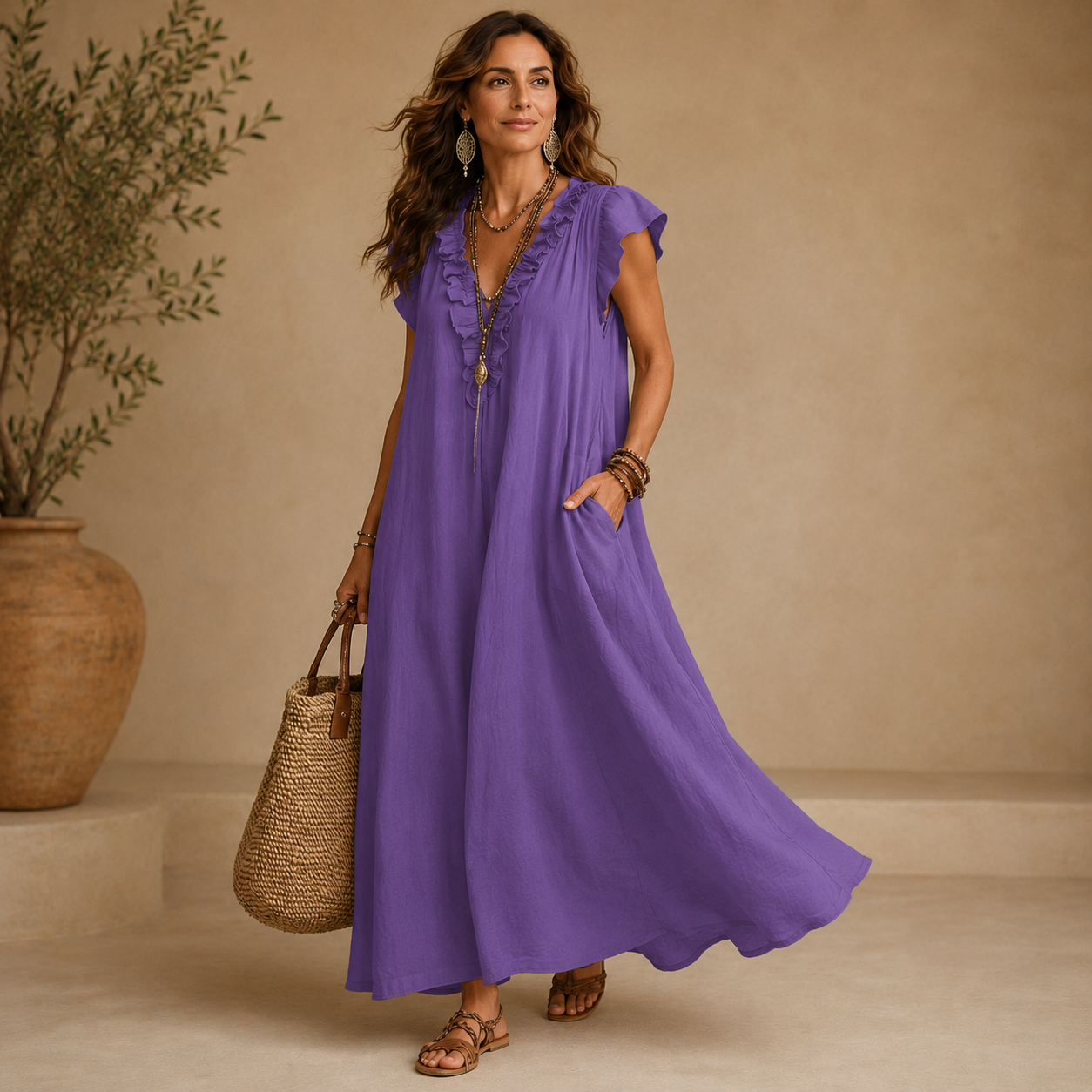 Viera – Vestido Maxi Fluido com Decote de Folhos
