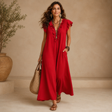 Viera – Vestido Maxi Fluido com Decote de Folhos