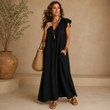 Viera – Vestido Maxi Fluido com Decote de Folhos