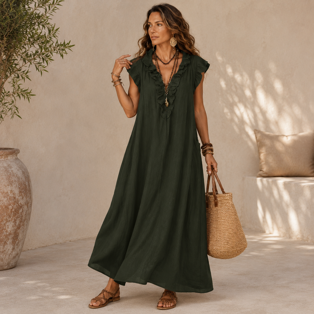 Viera – Vestido Maxi Fluido com Decote de Folhos