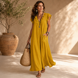 Viera – Vestido Maxi Fluido com Decote de Folhos