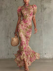Aurelina | Vestido maxi floral com mangas bufantes
