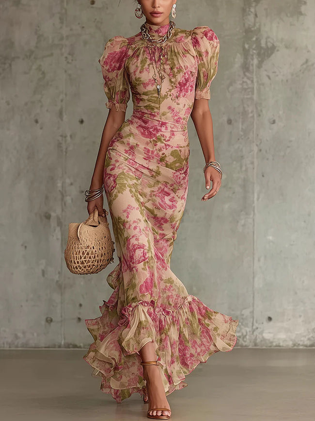 Aurelina | Vestido maxi floral com mangas bufantes