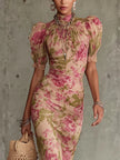 Aurelina | Vestido maxi floral com mangas bufantes