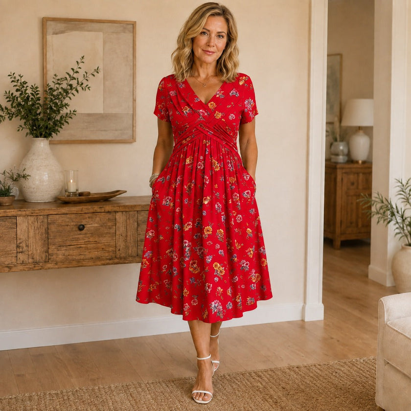 Lívia | Vestido Midi Floral com Decote Cruzado