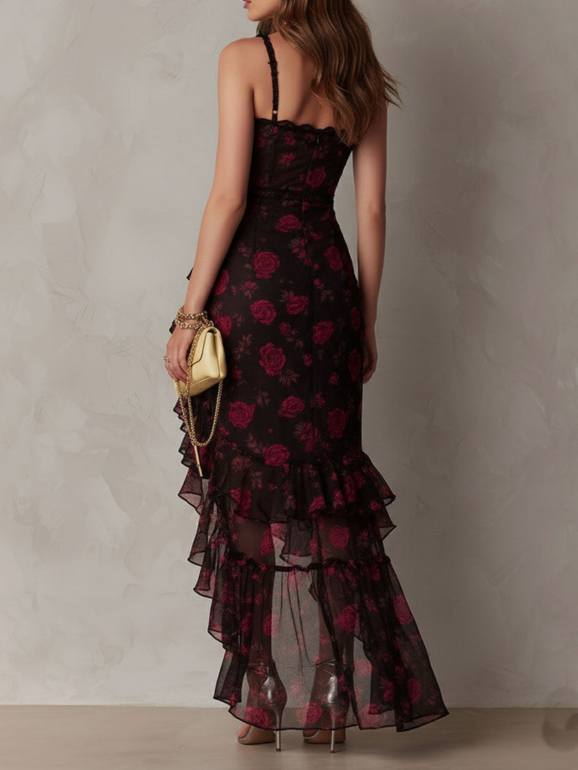 Patrícia | Vestido floral com folho assimétrico