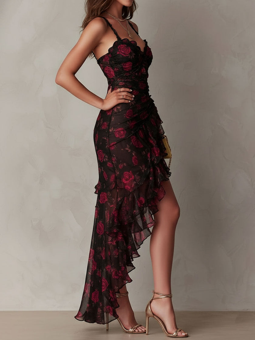Patrícia | Vestido floral com folho assimétrico