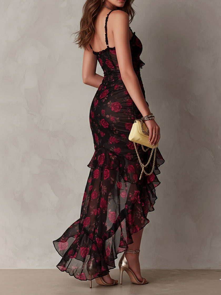 Patrícia | Vestido floral com folho assimétrico
