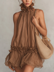 Bettina | Vestido curto castanho com gola subida