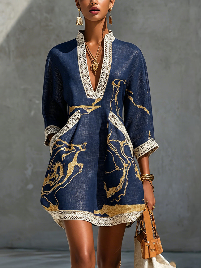 Cosette | Vestido curto azul-marinho com bordados dourados
