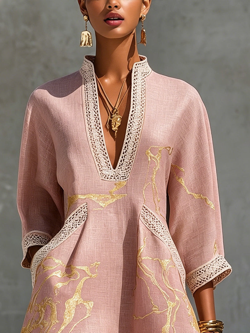 Ninon | Vestido curto rosa com bordados dourados