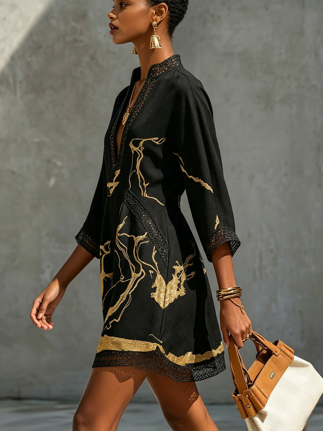 Léonie | Vestido curto preto com bordados dourados