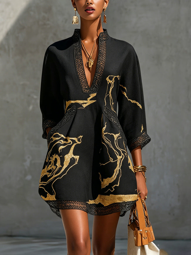 Léonie | Vestido curto preto com bordados dourados