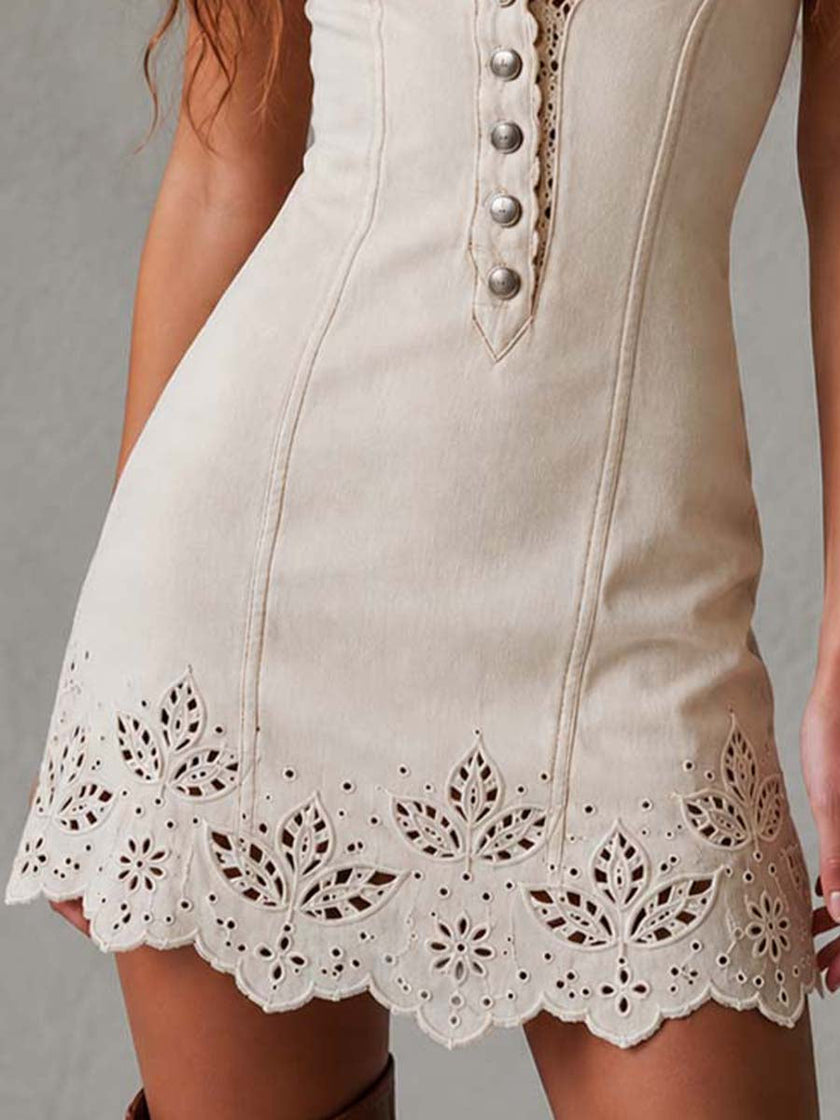 Gabrielle | Vestido curto marfim com renda vazada