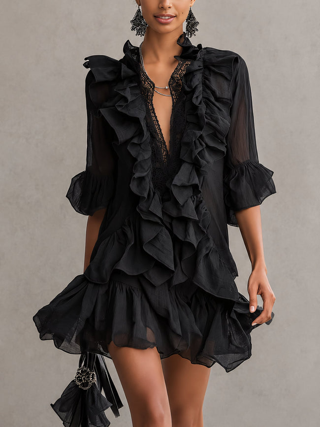 Anaïs | Vestido curto preto com folhos