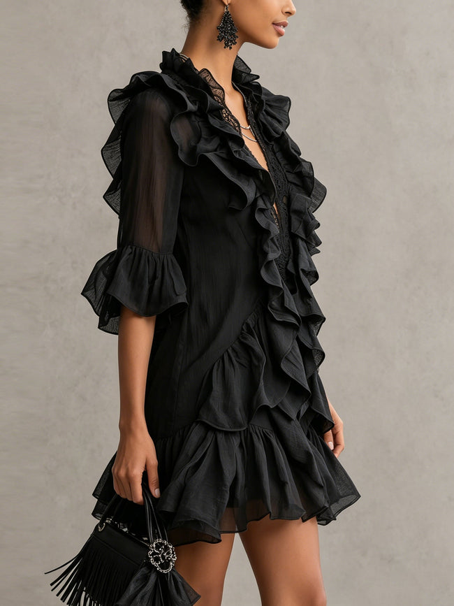 Anaïs | Vestido curto preto com folhos