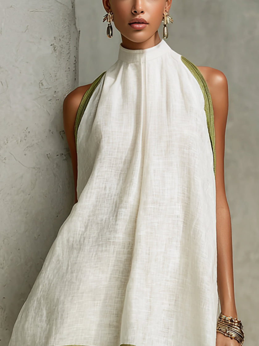 Agathe | Vestido curto branco e verde de corte trapézio