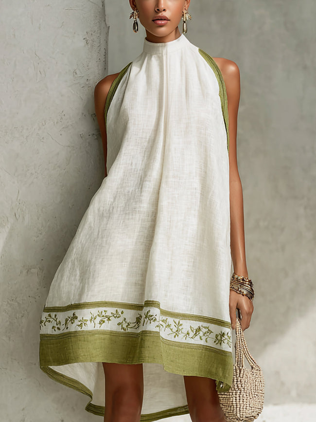 Agathe | Vestido curto branco e verde de corte trapézio