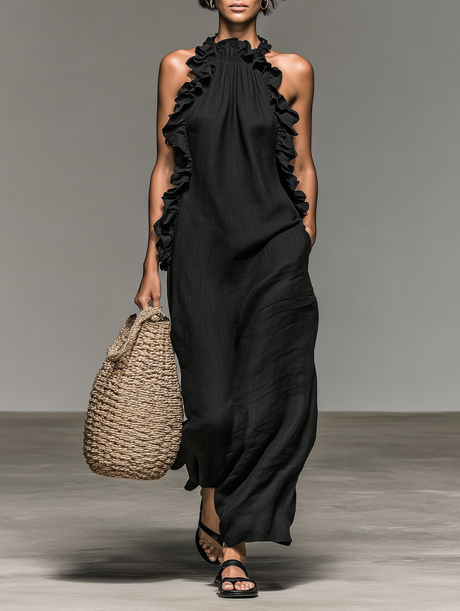 Alessandra | Vestido maxi fluido com folhos