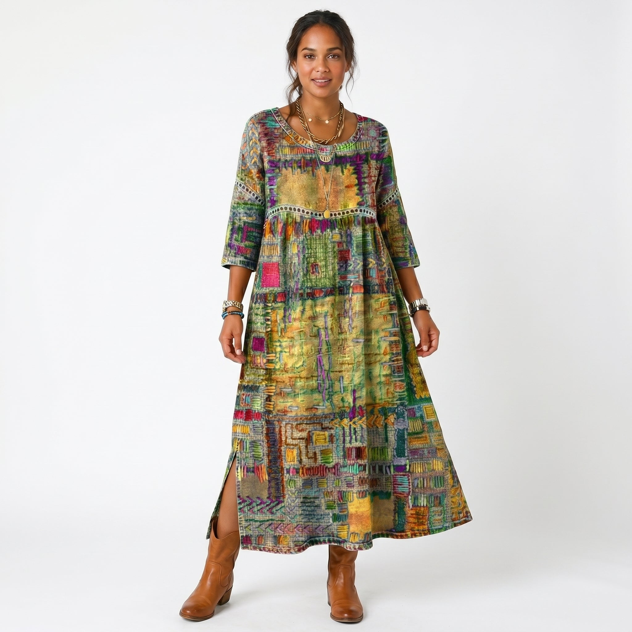 Vestido midi Amália artístico e fluido