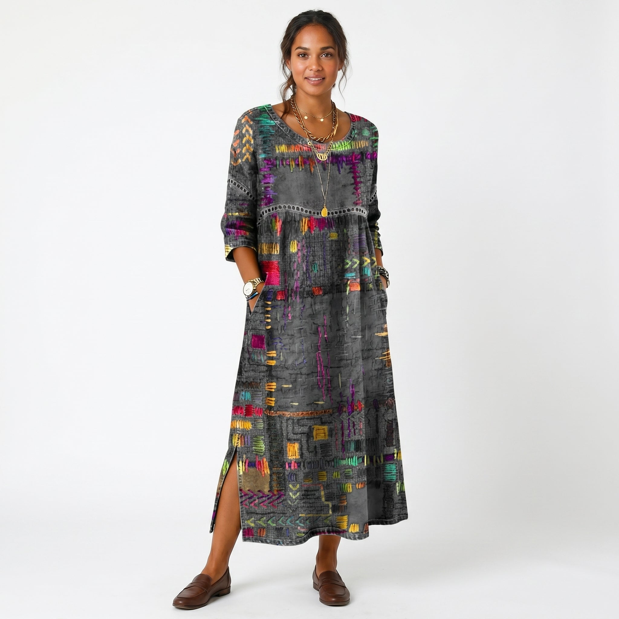 Vestido midi Amália artístico e fluido