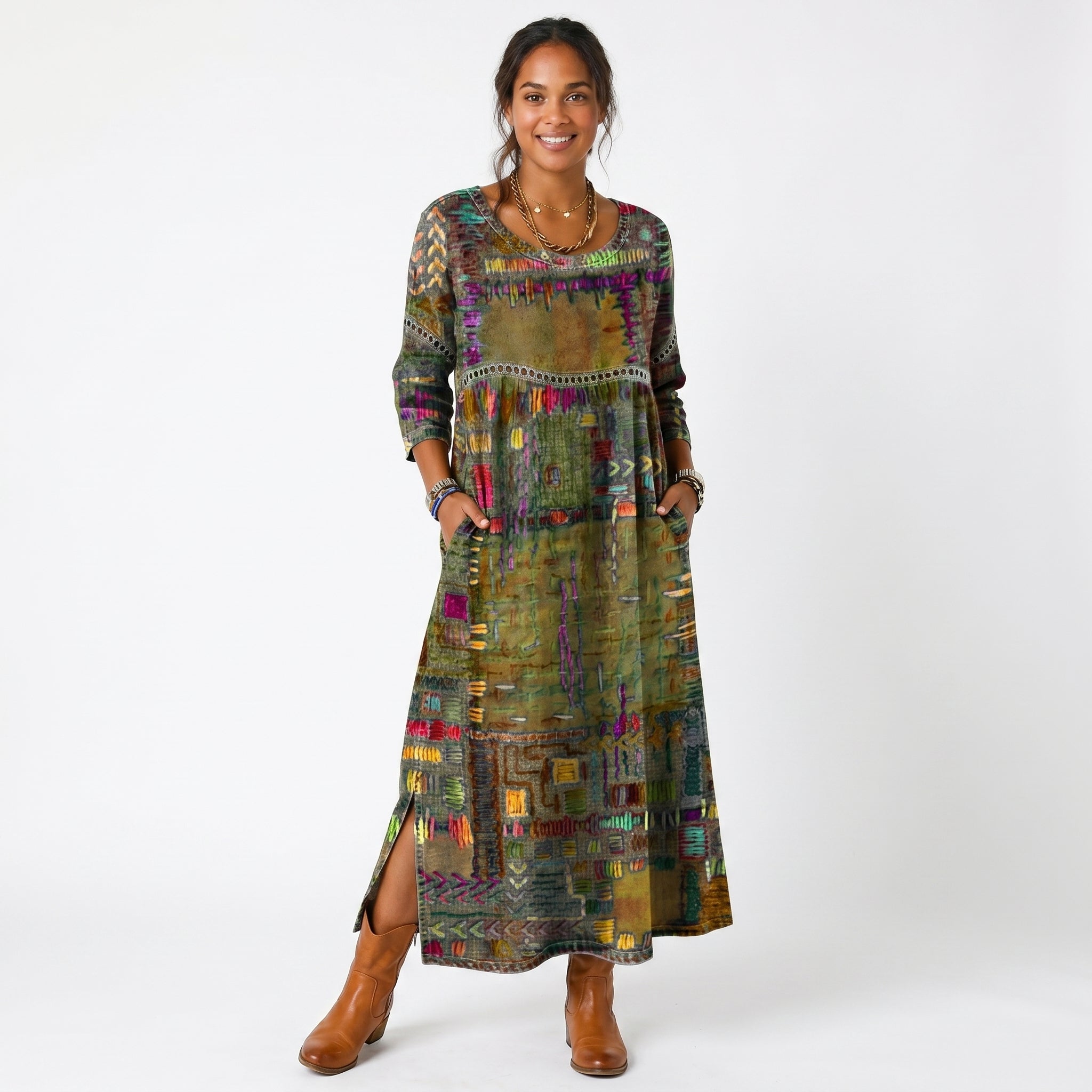 Vestido midi Amália artístico e fluido
