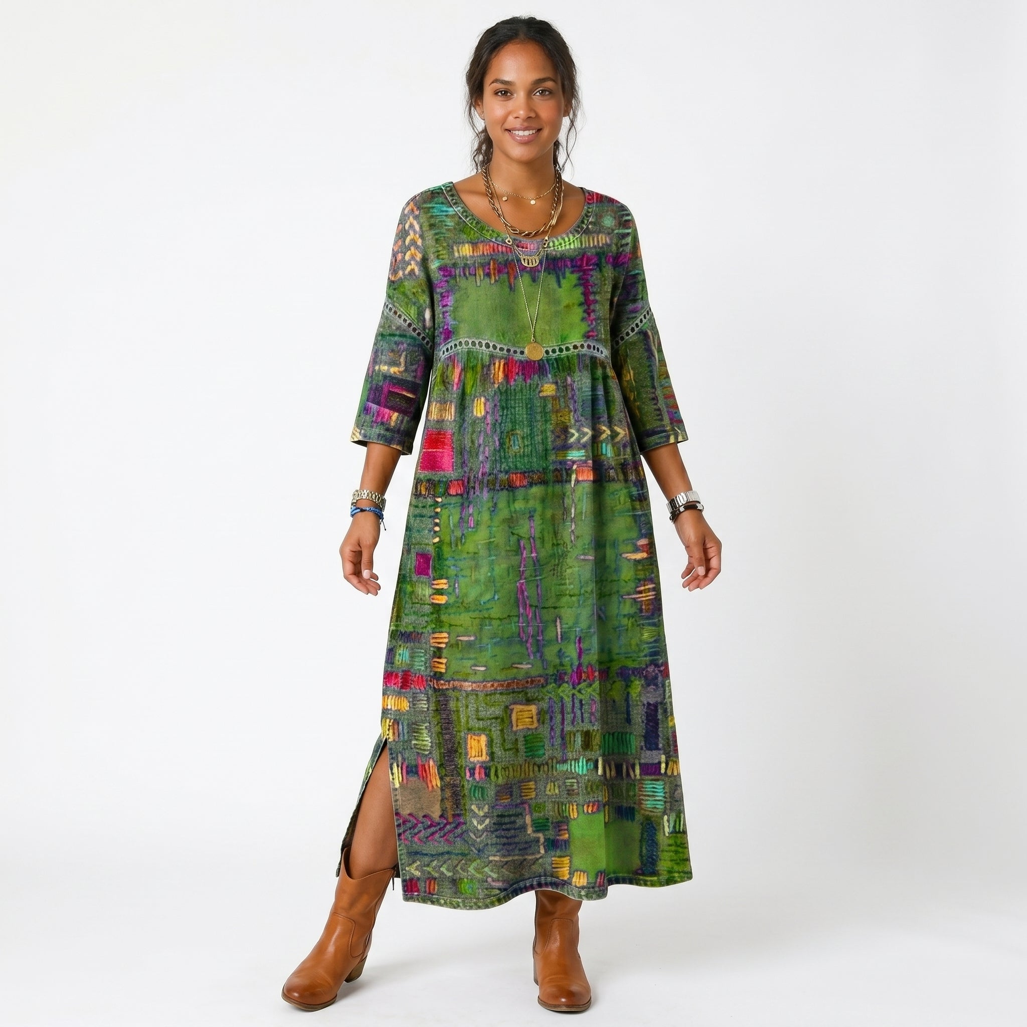 Vestido midi Amália artístico e fluido