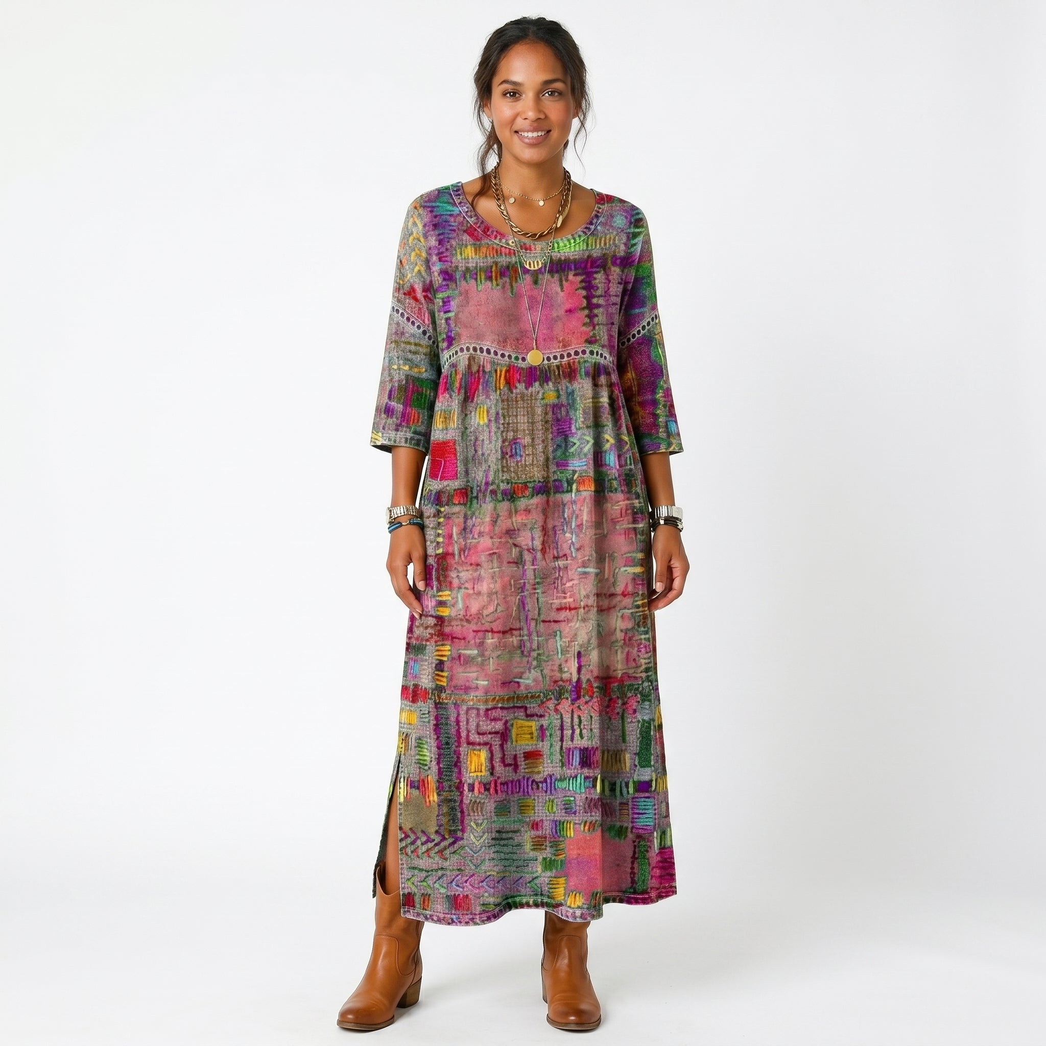 Vestido midi Amália artístico e fluido