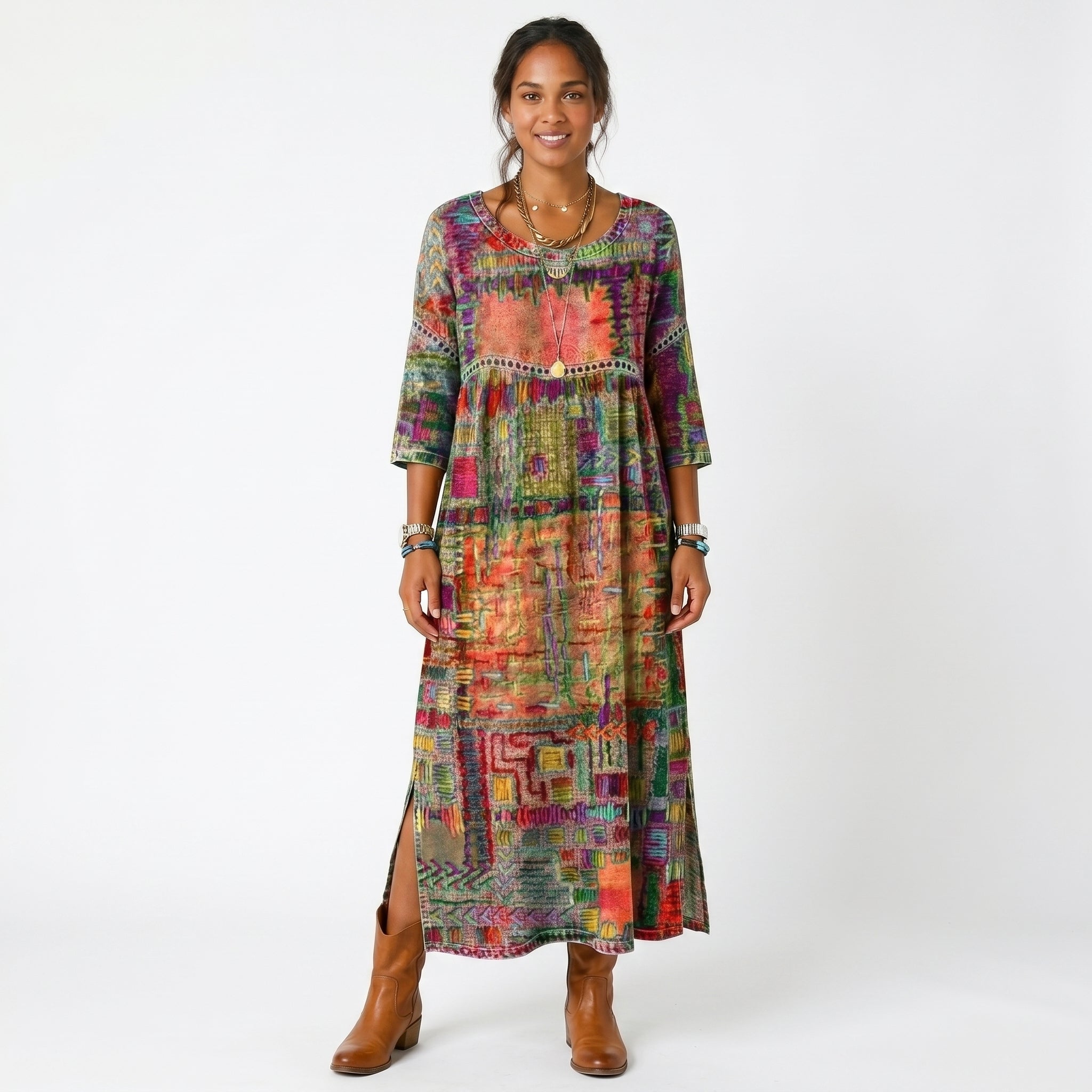 Vestido midi Amália artístico e fluido