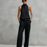 Conjunto Feminino Elegante de Top Sem Mangas e Calças em Algodão e Linho Preto