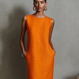 Vestido de Linho com Decote Redondo Sem Mangas e Bolsos Laterais