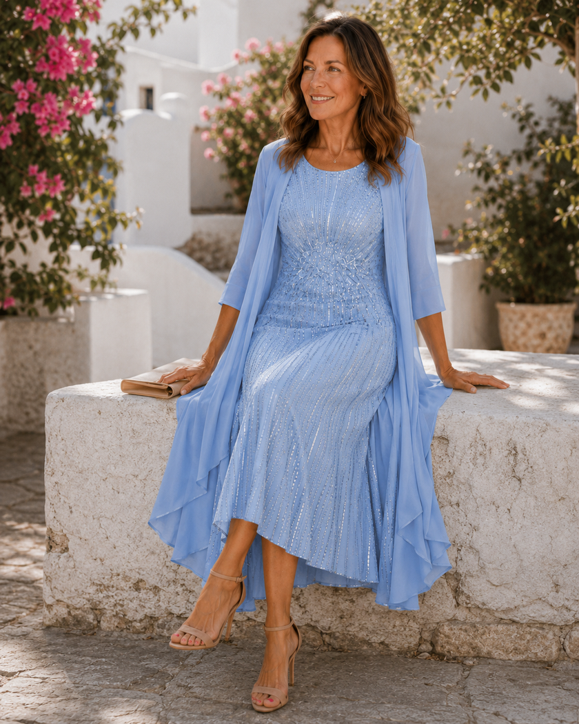 Madalena | Vestido Longo Elegante com Casaco Fluido