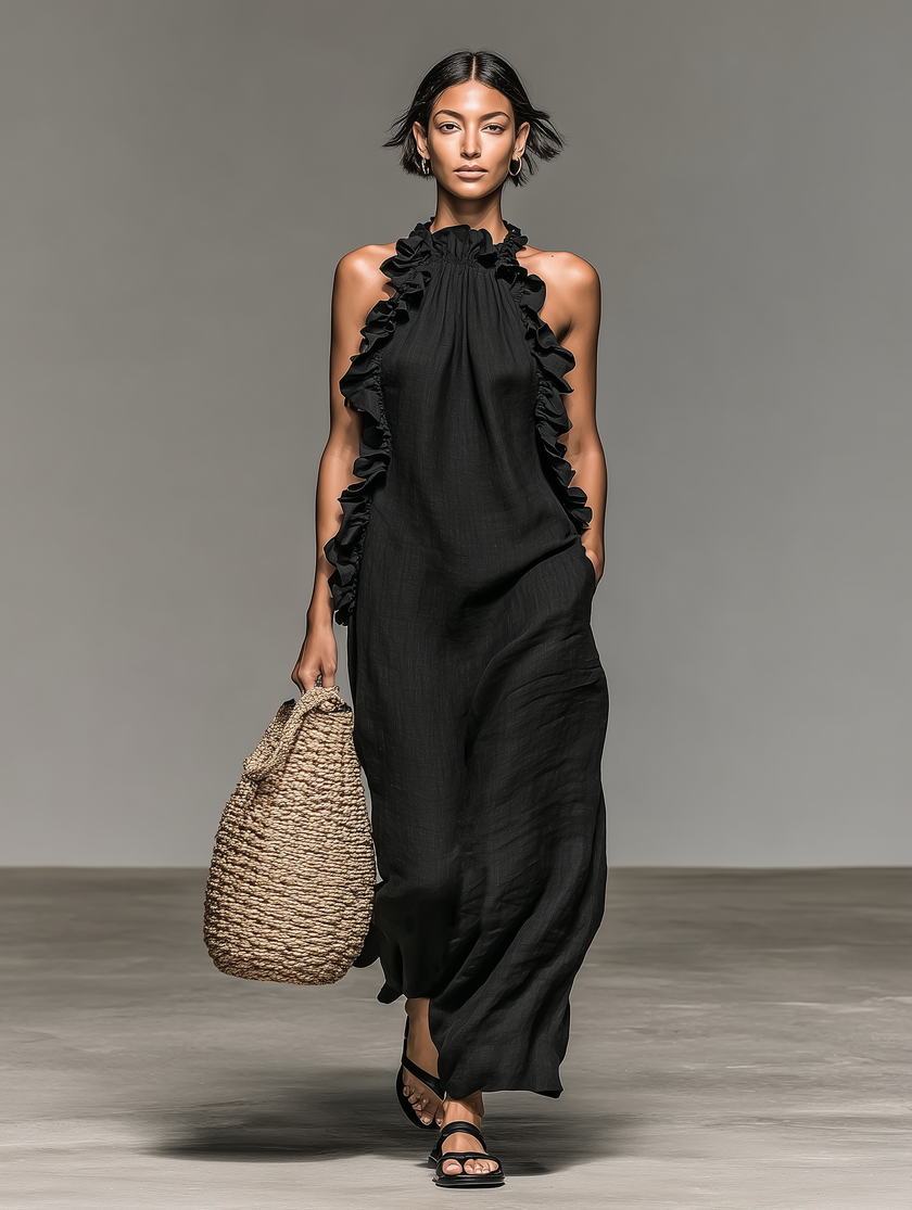 Alessandra | Vestido maxi fluido com folhos