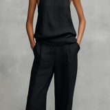 Conjunto Feminino Elegante de Top Sem Mangas e Calças em Algodão e Linho Preto