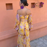 Vestido Mirella – Elegância Fluida com Ombros Descobertos