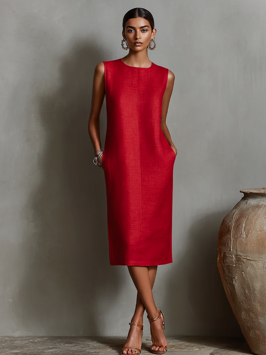 Vestido de Linho com Decote Redondo Sem Mangas e Bolsos Laterais
