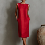 Vestido de Linho com Decote Redondo Sem Mangas e Bolsos Laterais